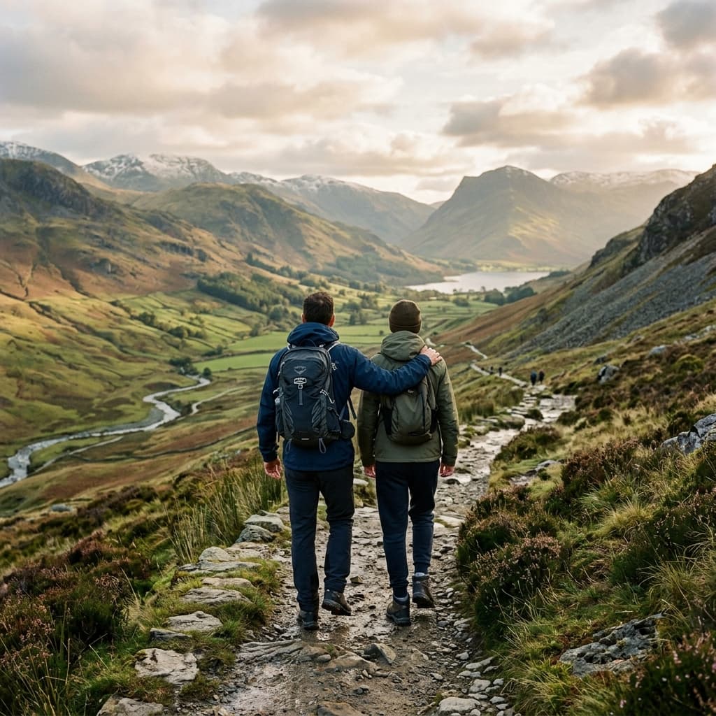 Father and teenage son hiking
